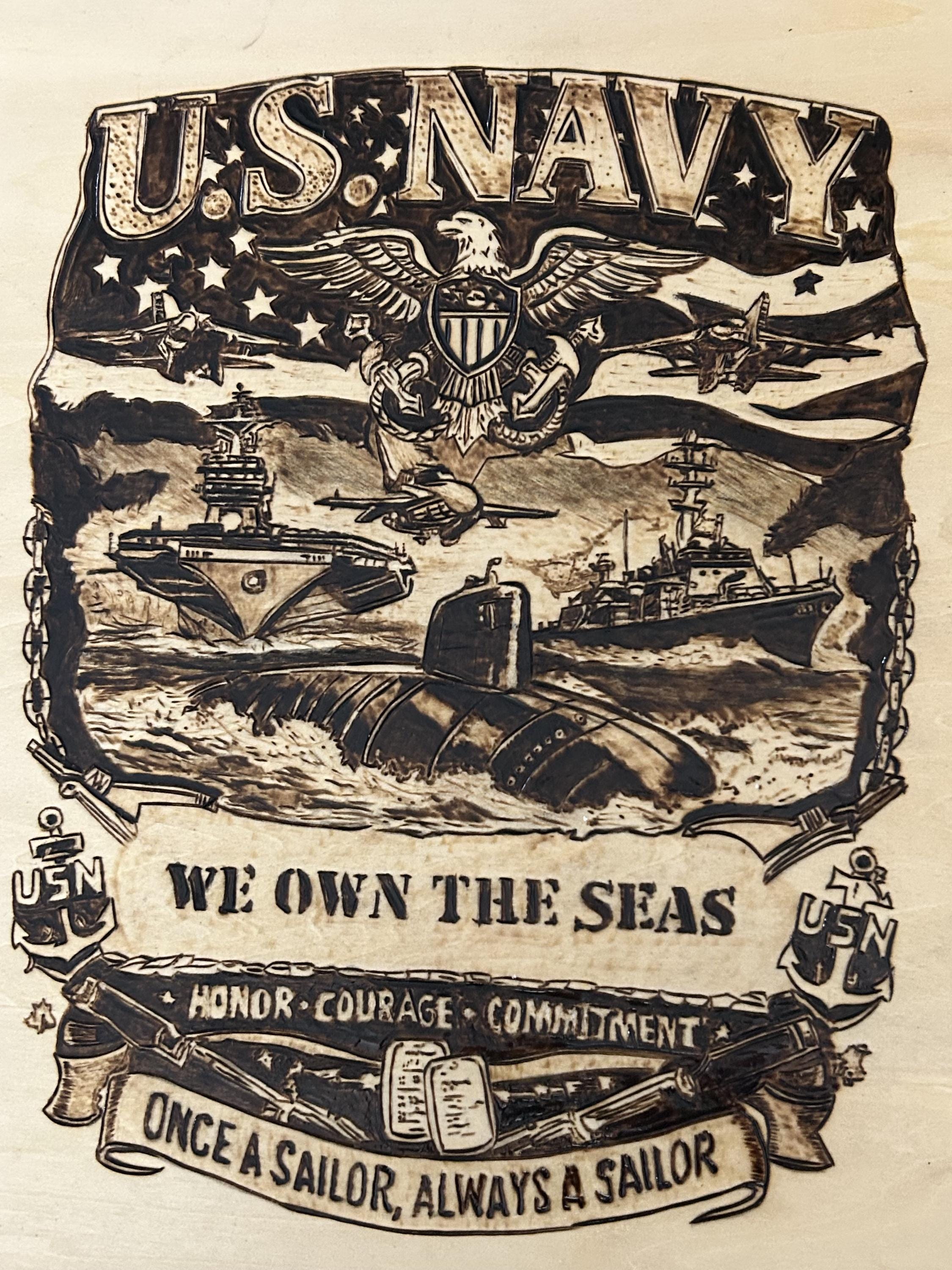 U.S. Navy Wood Burned Wall Art | Military Pyrography Ship Submarine ...