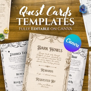 Może przedstawiać: Kolekcja szablonów kart zadań w stylu vintage z ozdobnymi obramowaniami i tekstem. Karty zawierają tytuły takie jak "Roots Below" i "Dark Howls", z tekstem "Quest Cards TEMPLATES" i "FULLY EDITABLE ON CANVA". Kości są rozrzucone wokół kart.