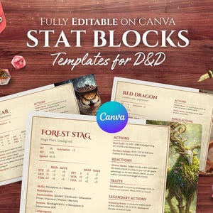 Puede incluir: Una exhibición de mesa con plantillas de bloques de estadísticas de D&D, totalmente editables en Canva. La imagen muestra hojas de personajes con ilustraciones de un búho, un ciervo de bosque y un dragón rojo. También se ven dados e instrumentos de escritura.