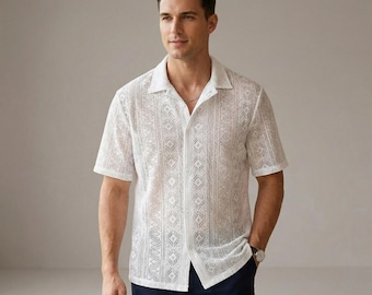 Men's White Lace Button-Down Shirt, Lightweight Short Sleeve Resort Wear