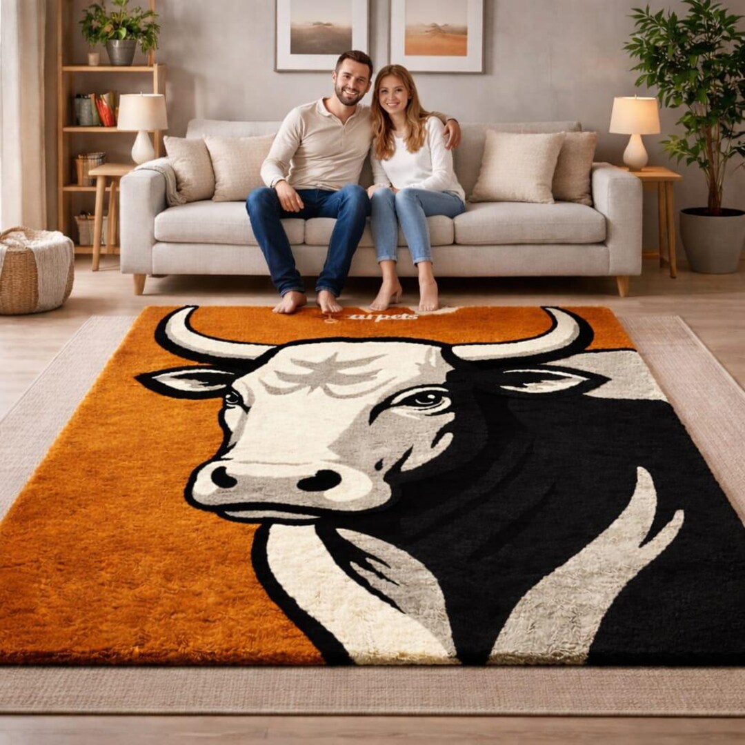 Modern Bull Design Rug | Orange Black | Living Room Decor Rug | Hand ...