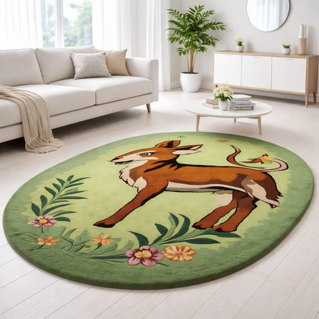Hand Tufted Deer Round Rug, Animal Design Wool Carpet, Kids Room ...
