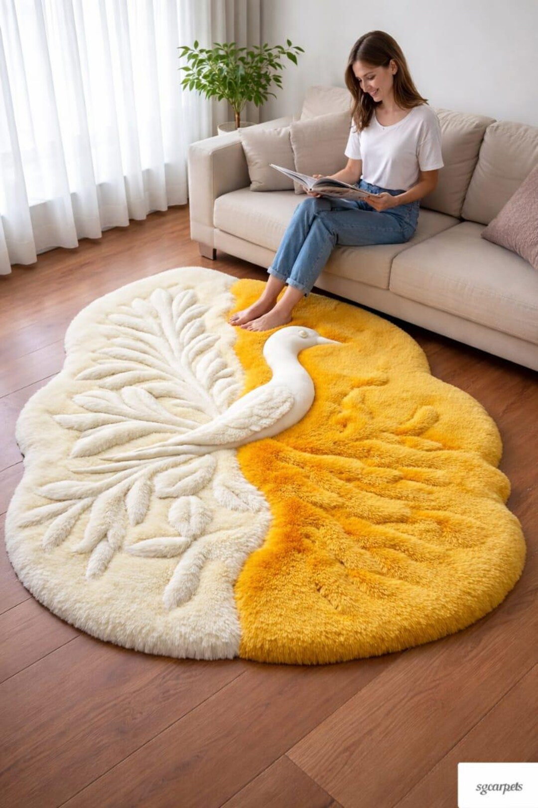 Luxury Swan Shape Hand Tufted Rug, Yellow White Bird Carpet, Living ...