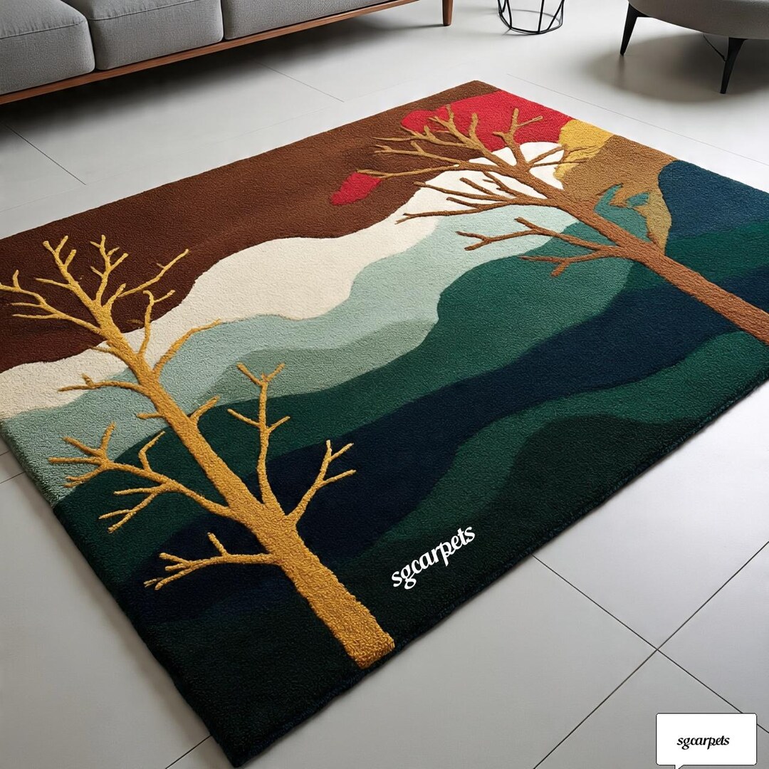 Modern Landscape Area Rug, Mountain Tree Design Carpet, Living Room ...