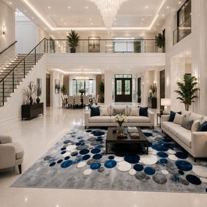 Modern Abstract Blue Grey Area Rug | Luxury Carpet | Geometric Circle Design Rug | Living Room Bedroom Office Decor