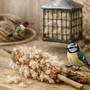May include: A colourful image featuring a hummingbird and a blue tit near a bird feeder. A seed stick is in the foreground. A metal bird feeder hangs in the background, suggesting a theme of nature and bird watching.