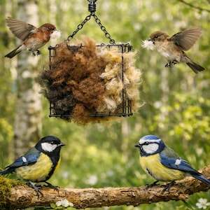May include: A bird feeder filled with brown, tan, and black nesting material hangs from a chain. Two small birds fly towards the feeder with nesting material in their beaks. Two other birds perch on a branch below.