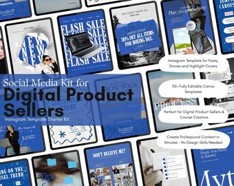 Redigerbara Canva Instagram-mallar | Trendigt minimalistiskt kit för sociala medier i djärvt blått (säljare av digitala produkter)