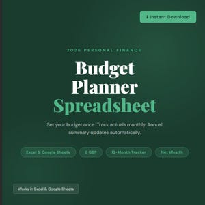 May include: A digital budget planner spreadsheet with a dark green background. The text reads "Budget Planner Spreadsheet" with supporting text. Includes options for Excel & Google Sheets, 12-Month Tracker, and Net Wealth. Features "Instant Download".