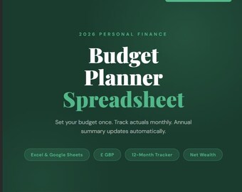 Kalkylblad för budgetplanerare i Storbritannien 2026 | Excel, Google Sheets, förmögenhetsspårare (direkt nedladdning)