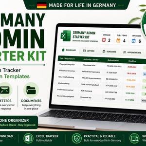 Könnte beinhalten: Ein Laptop-Bildschirm zeigt ein Excel-Dashboard für das Germany Admin Starter Kit mit Aufgabenverfolgung, Fristen und Statusspalten. Die Benutzeroberfläche enthält Symbole für Briefe, Termine und Dokumente mit Textbeschriftungen auf Deutsch und Englisch.