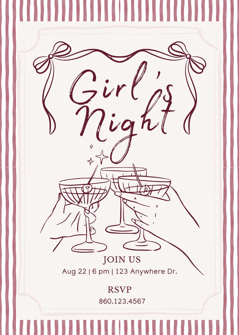 May include: A Girl's Night invitation in burgundy. The design features the words "Girl's Night" in script, with illustrations of hands toasting with cocktail glasses. The invitation includes event details, such as the date, time, and location.