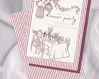 Editable Dinner Party Invitation Template, Hand Drawn Elegant Design (Digital Download)