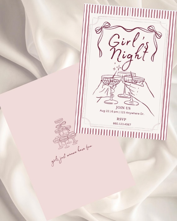 Girls Night Dinner Party Invitation, Pink Canva Template (Digital Download)