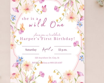 Wild One First Birthday Invitation Template, Wildflower Floral, Editable Canva (Instant Download)