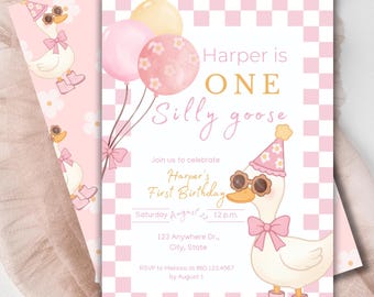 One Silly Goose First Birthday Invitation | Pink Girl Goose Party Template (Digital Download)