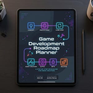 May include: A digital tablet displays a "Game Development Roadmap Planner" with a step-by-step guide for indie creators. The screen shows a workflow diagram with icons and text. A succulent, coffee mug, and stylus are on a dark surface.