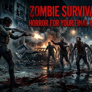 Könnte beinhalten: Eine digitale Illustration zeigt eine Frau, die mit einer Schrotflinte auf Zombies in einer zerstörten Stadt schießt. Der Text "ZOMBIE SURVIVAL GAME" und "HORROR FOR YOUR FINAL YEAR PROJECT" in Rot ist zu sehen, vor dem Hintergrund von Feuer und Zerstörung.