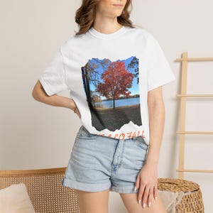 Puede incluir: Una camiseta blanca de manga corta con un estampado gráfico rectangular de un árbol de otoño rojo vibrante junto a un lago azul bajo un cielo despejado. El texto "LET'S GO FALL" está impreso en letras naranjas debajo del gráfico en el frente.