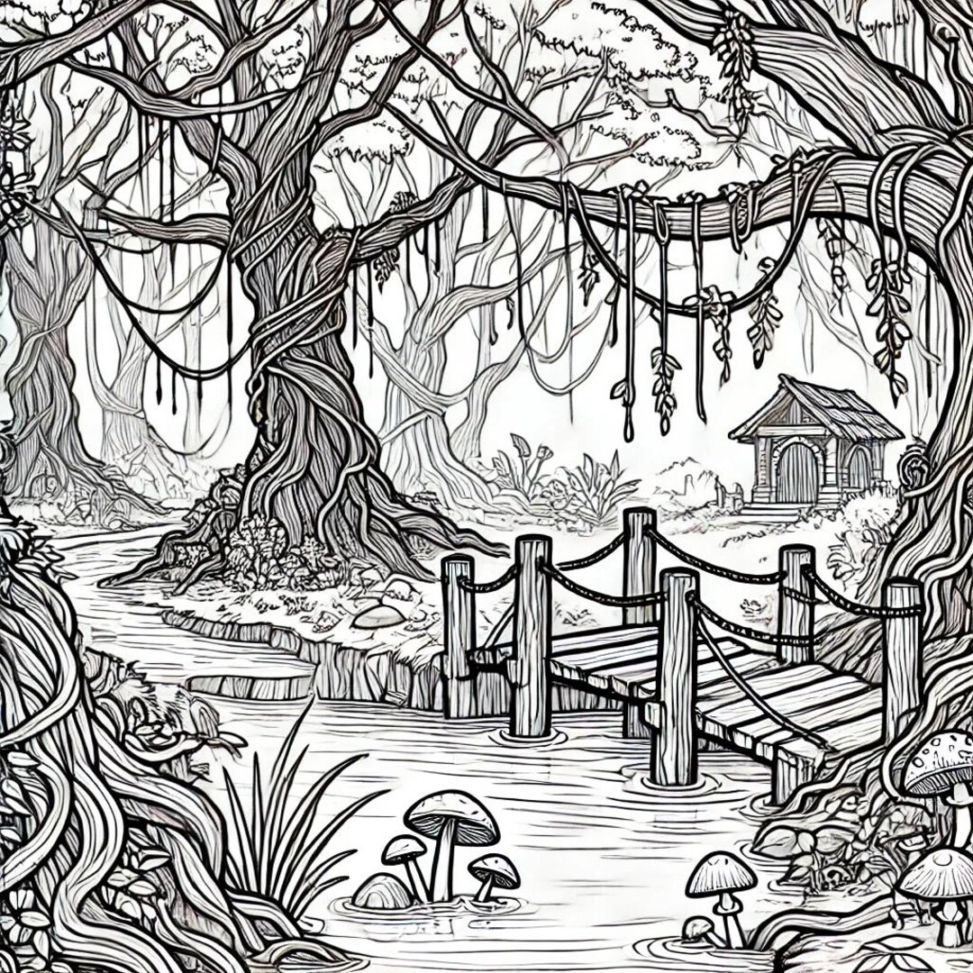 Dark Enchanted Swamp Coloring Page | Printable Fantasy Coloring Sheet ...