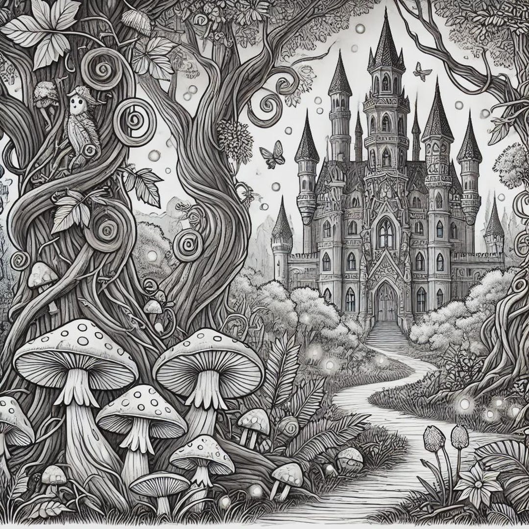 Enchanted Forest Coloring Page | Printable Fantasy Adult Coloring Sheet ...