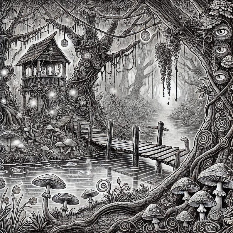 Enchanted Swamp Coloring Page | Printable Fantasy Adult Coloring Sheet ...