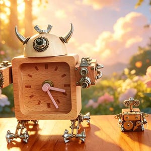 Reloj robot Steampunk hecho a mano - Accesorio de escritorio de madera de haya natural - Regalo único de decoración industrial para él/amantes de la tecnología