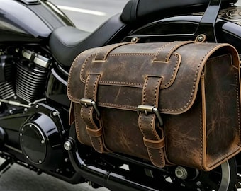 Bolsa para motocicleta de cuero Crazy Horse 100% cosida a mano, alforja artesanal de piel de vaca de grano completo, bolsa lateral para herramientas de estilo vintage personalizada, regalo para motociclistas.