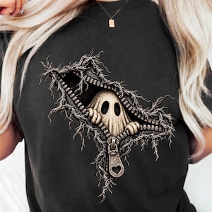 Halloween Ghost Boo Zipper Design PNG, Reverse Applique Fall Ghost Design, Rustic Sublimation Shirt Graphic, Stitched Fabric Spooky Season