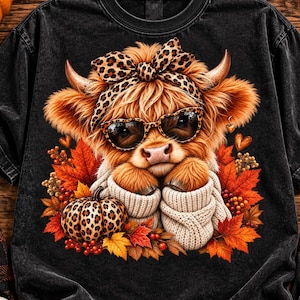 Highland Cow Fall PNG with Leopard Bow and Pumpkin, Digital Shirt Design