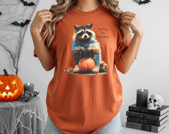Halloween-shirt wasbeer, wachten op Halloween-T-shirt, shirt schattige wasbeerpompoen, shirt griezelig seizoen, shirt herfst Halloween, Halloweencadeau