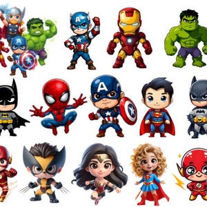 Chibi superheld clipart bundel PNG, superheld personages, superheld Chibi SVG, baby Avengers clipart, Iron Man, Spider-Man, png