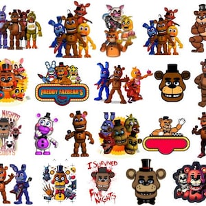 Puede incluir: Una colección de ilustraciones y figuras de personajes coloridos, incluyendo osos, conejos y otras criaturas. Algunas imágenes presentan el texto "Freddy Fazbear's" y "Five Nights at Freddy's".