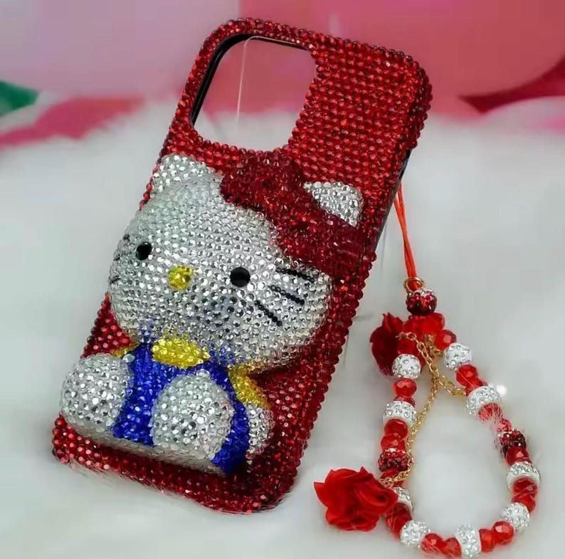 3D Rhinestone Hello Kitty iPhone Case: Bling Crystal Chain Red