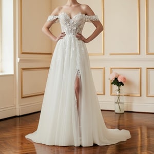 Off Shoulder Lace Applique Tulle Wedding Dress: V Neck, Open Back, A Line Split Gown