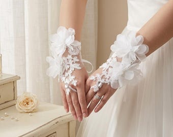 Luvas de renda transparentes com estampa floral para noivas, luvas longas e curtas elegantes, acessório perfeito para fotos de casamento na primavera e no verão, ideia de presente.
