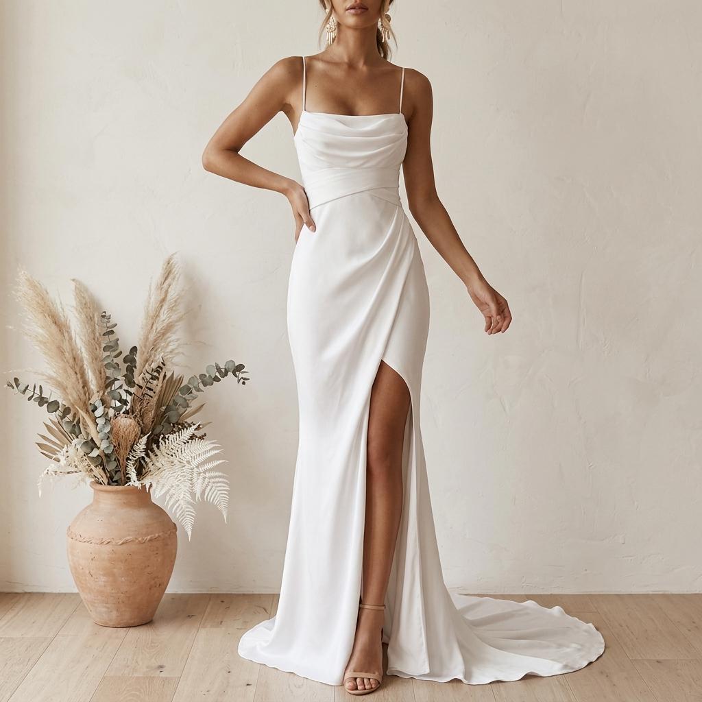 satin halter backless dress Rachel Allan 70679 Fitted Satin Halter Slit Gown