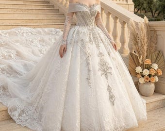 Vestido de novia con hombros descubiertos bordado con cristales, vestido de novia con escote corazón, vestido de novia de encaje estilo princesa, elegante vestido de novia a medida