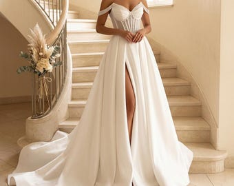 Vestido de novia de corte A con escote corazón, vestido de novia de satén con abertura frontal, vestido de novia con hombros descubiertos, vestido de novia para la playa hecho a medida