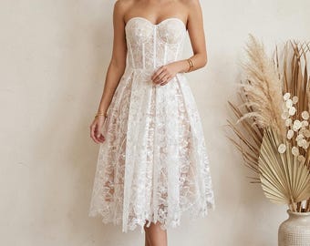 Vestido midi de corsé de encaje sin tirantes, vestido de fiesta de corte A, elegante vestido de invitada de boda, vestido de cóctel de encaje floral, conjunto de verano
