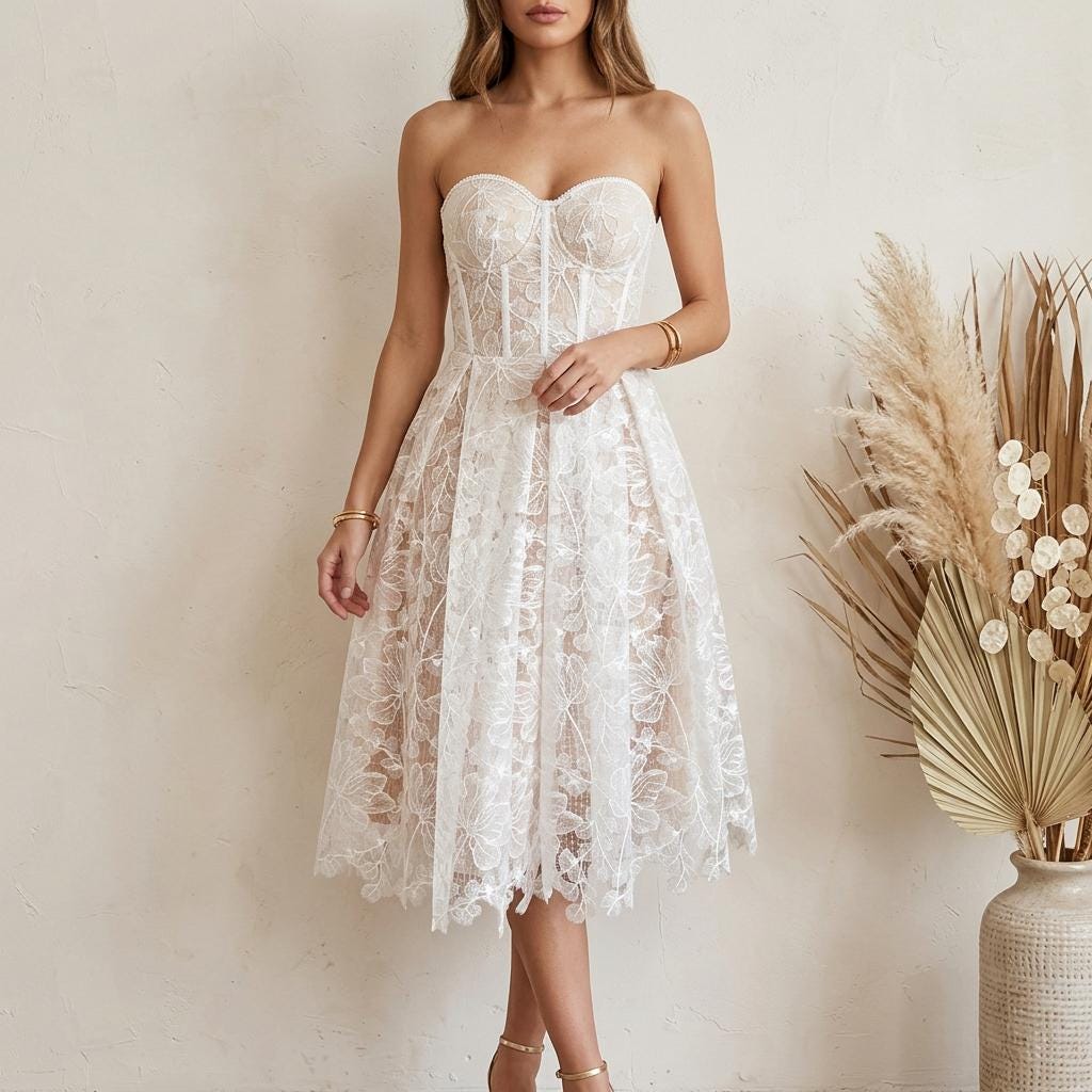 chinese dress ladies Lace Corset Midi Dress with Bows 34 (FR) / White/Black