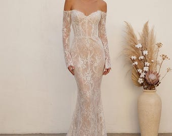 Lace Mermaid Wedding Dress Off Shoulder Long Sleeve Illusion Bridal Gown Sheer Corset Elegant Bride Dress Train
