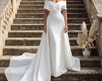 Off Shoulder Satin Wedding Dress Minimalist Bridal Gown Mermaid Fit Long Train Elegant Bride Dress Spring Summer Wedding