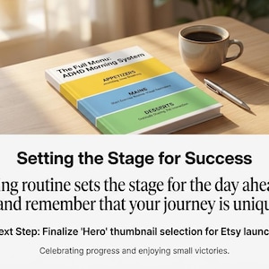 May include: A book titled "The Full Menu: ADHD Morning System" with yellow, blue, and green sections is on a wooden table next to a coffee cup and pen. The text "Setting the Stage for Success" is displayed below the table.
