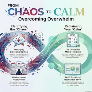 May include: An infographic titled "From Chaos to Calm: Overcoming Overwhelm." It details steps to manage stress, including identifying chaos, managing emotional spikes, and reclaiming calm. The design uses a blue, red, and green colour scheme.