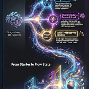 May include: An infographic titled "The Dopamine Menu" with a dark background and neon blue, purple, and yellow accents. It illustrates the anatomy of a "Quick Hit" and the path from starter to flow state, with text and graphics.