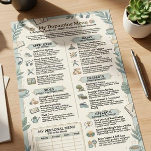 May include: A printed menu titled "My Dopamine Menu" for ADHD students and busy parents. The menu features sections for appetizers, mains, sides, desserts, and specials, with illustrations and text. A cup of coffee and a succulent plant are also visible.