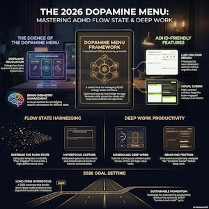 May include: An infographic titled "The 2026 Dopamine Menu" detailing ADHD flow state and deep work strategies. It features sections on dopamine regulation, brain chemistry, flow state harnessing, deep work productivity, and goal setting. The design includes a tablet graphic and various charts.