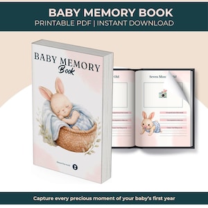 Puede incluir: Un libro de recuerdos para bebés con una portada rosa claro que presenta una ilustración de un conejito durmiendo en una cesta. Las páginas abiertas muestran indicaciones para registrar recuerdos. El texto dice "BABY MEMORY BOOK" y "Capture every precious moment of your baby's first year."