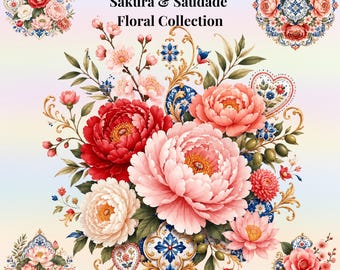 Sakura Saudade Floral Clipart Bundle, portugiesische Gouache botanische Kunst (22 PNG)